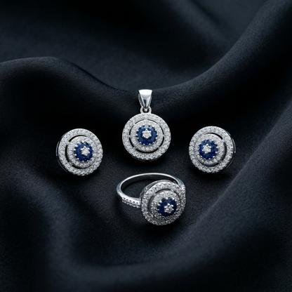Celestial Sapphire Halo Silver Pendant Set