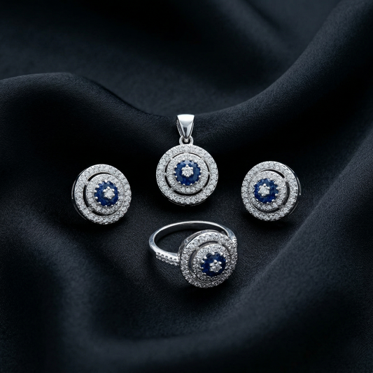 Celestial Sapphire Halo Silver Pendant Set