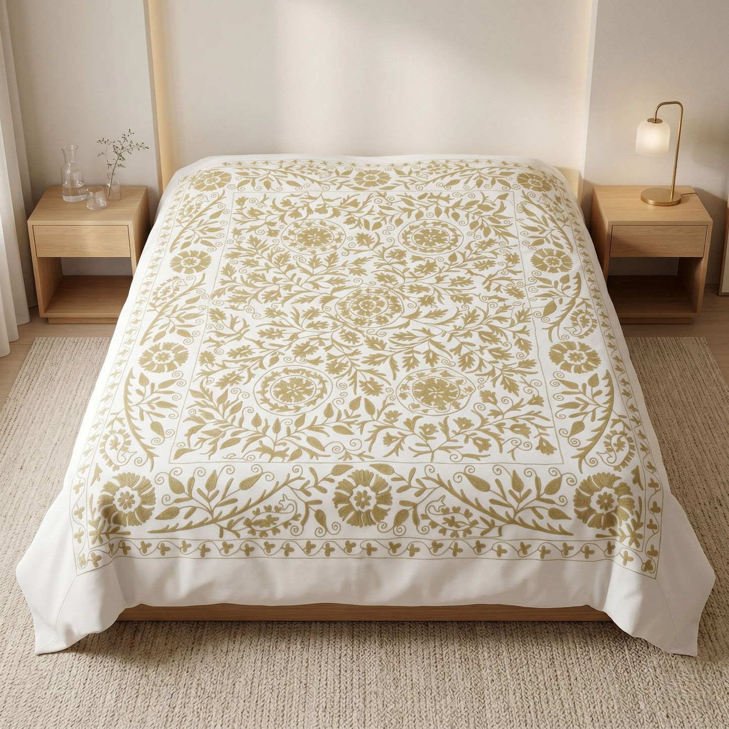 Hand Embroidered Floral Ivory Luxury Bedcover