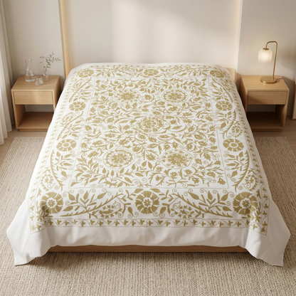 Hand Embroidered Floral Ivory Luxury Bedcover