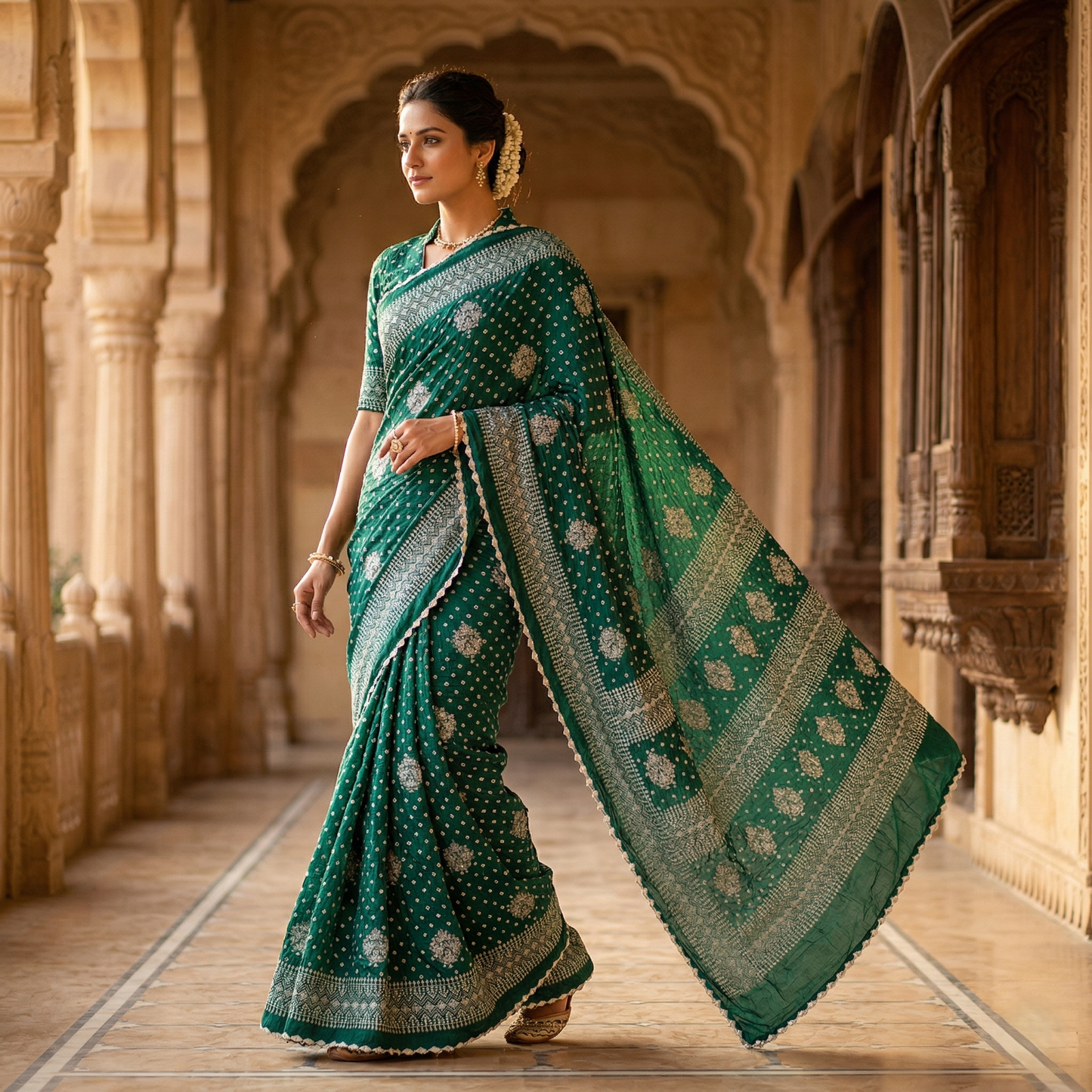 Teal Bandhani Saree with Silver Embroidery