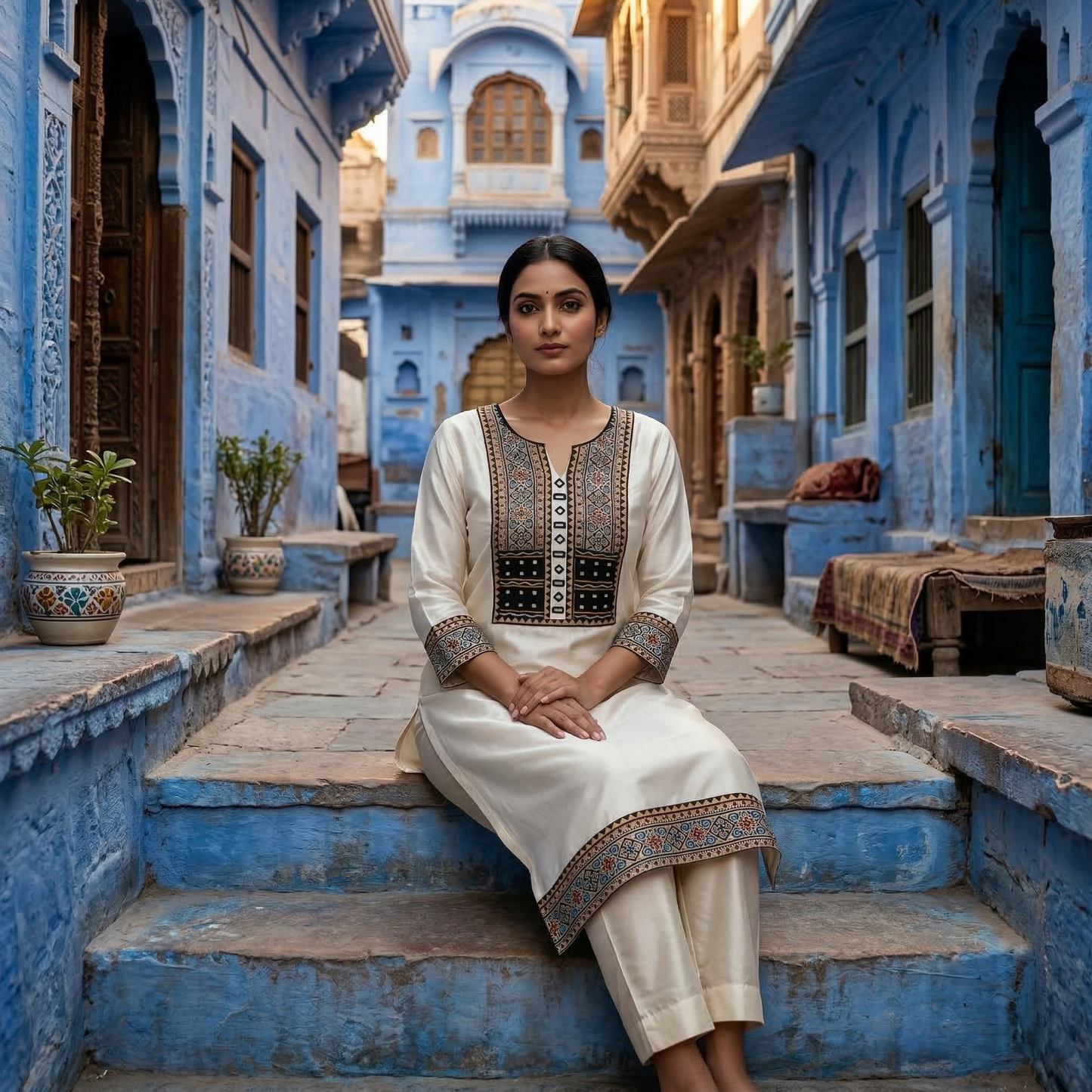 Ivory Silk Kurti with Tribal Embroidery
