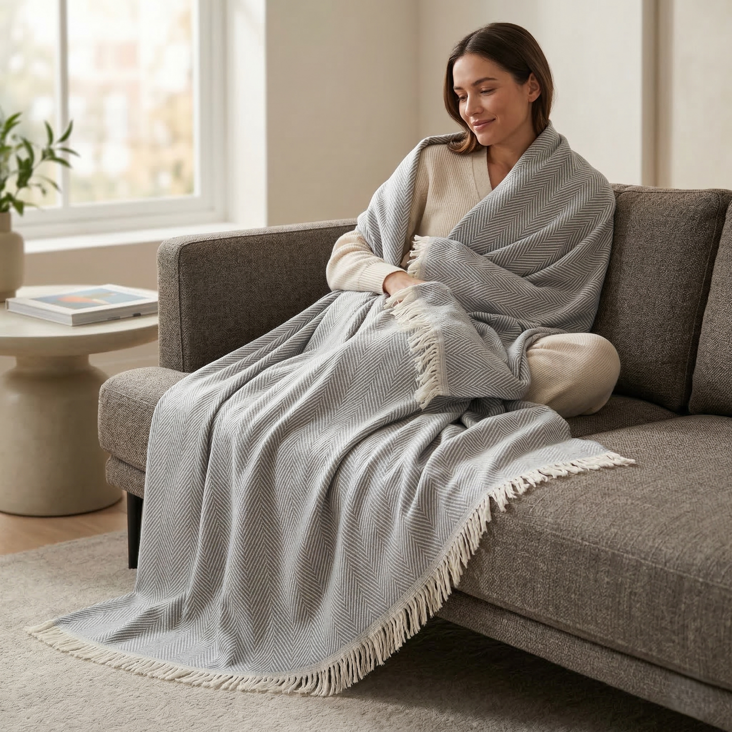 Elegant Sage Herringbone Hand Woven Blanket