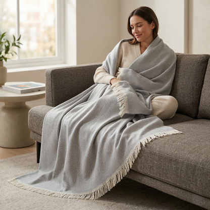 Elegant Sage Herringbone Hand Woven Blanket
