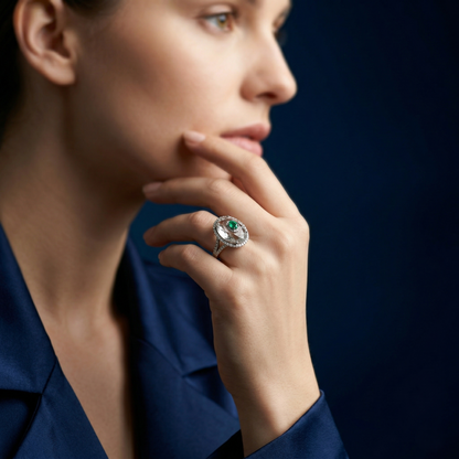 Silver Halo Rutilated Quartz Emerald Ring