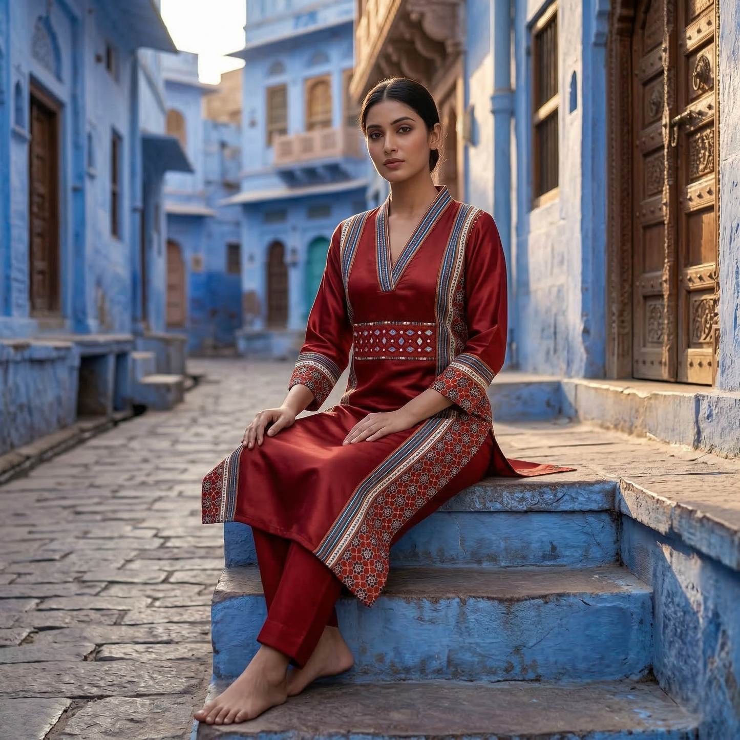 Crimson Elegance Handcrafted Fusion Kurti