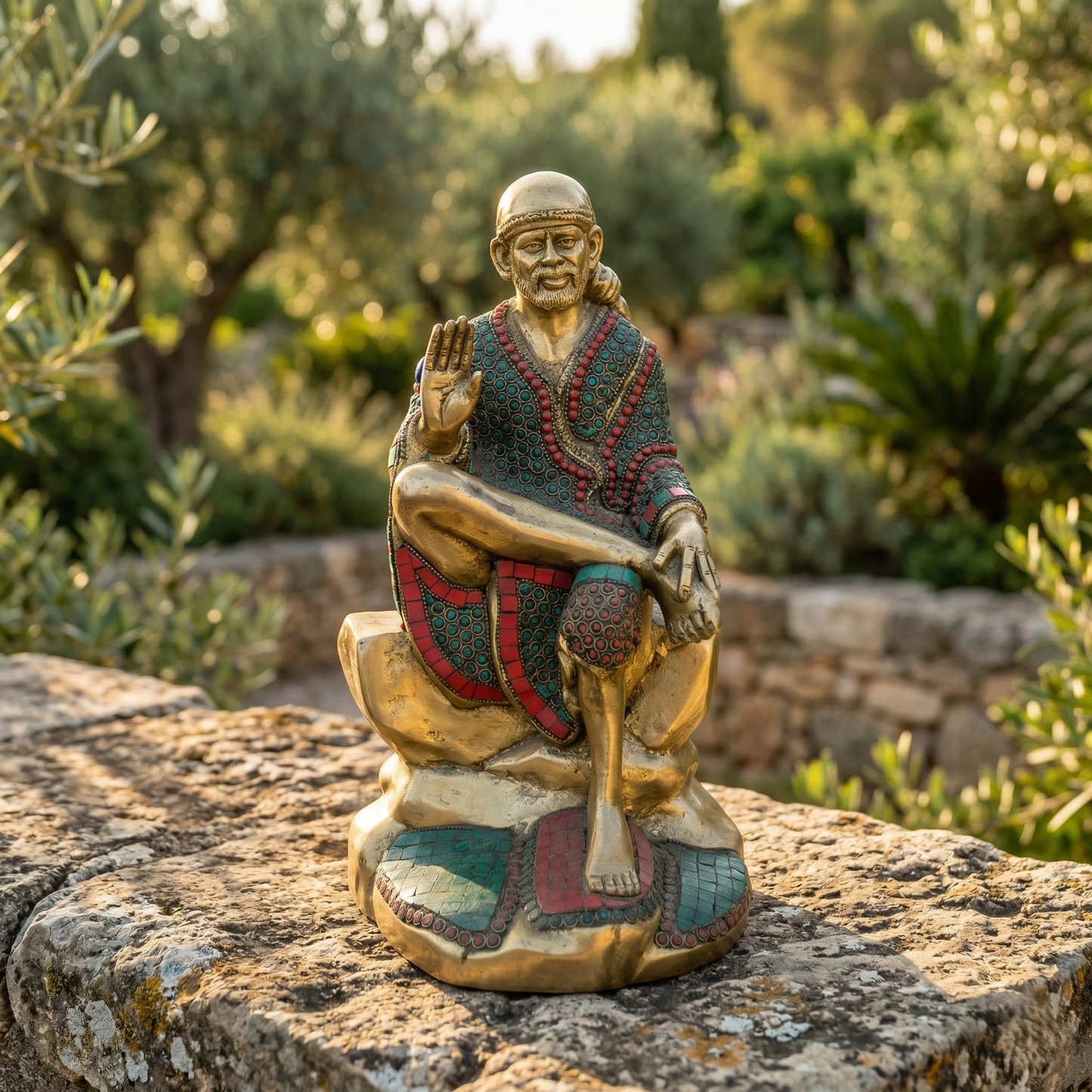 Antique Brass Sai Baba Stone Statue
