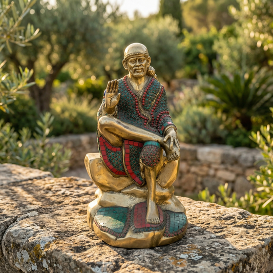 Antique Brass Sai Baba Stone Statue