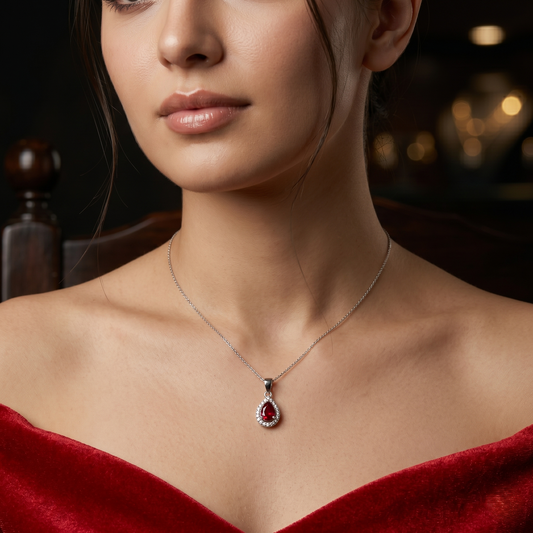 Teardrop Ruby Sterling Silver Halo Pendant