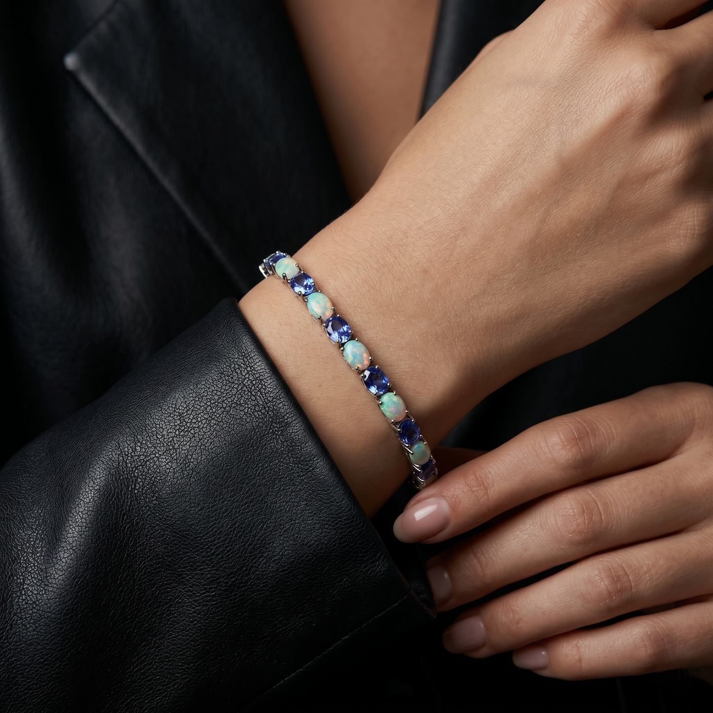 Elegant Silver Opal and Sapphire Bracelet