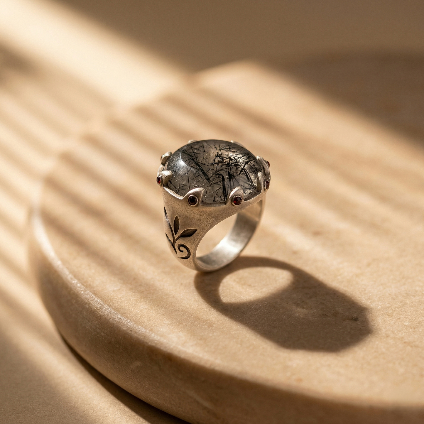 Rutilated Quartz Silver Crown Signet Ring