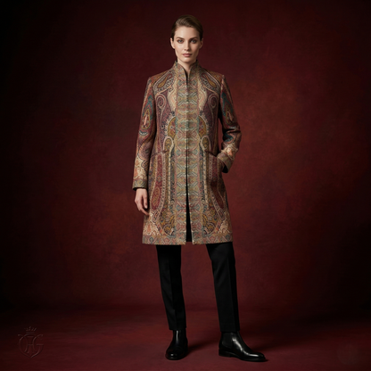 Regal Paisley Stand Collar Tapestry Long Coat