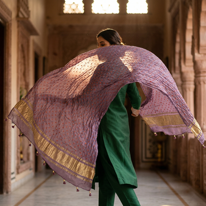 Mauve Chanderi Dupatta with Gold Borders