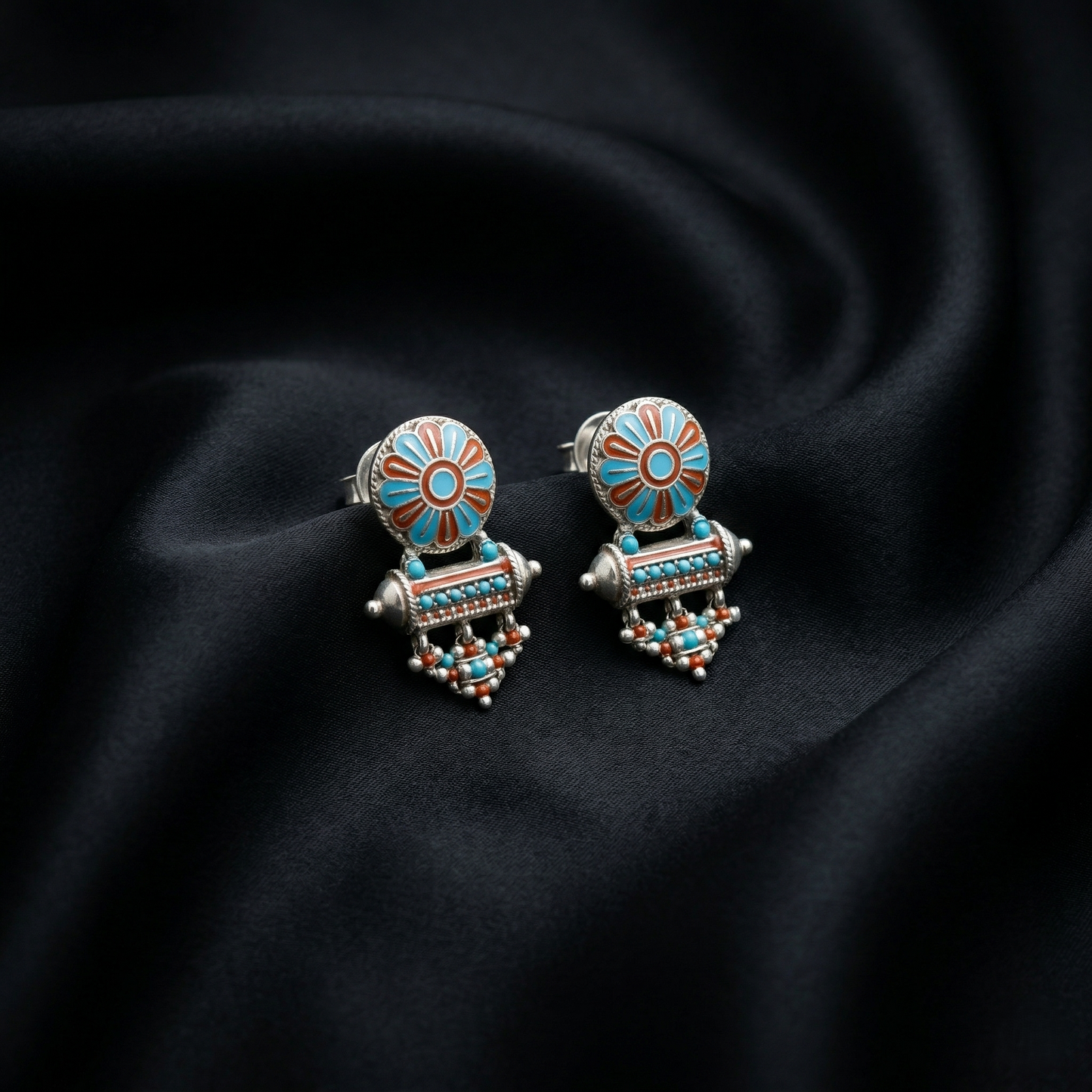 Vibrant Floral Meenakari Silver Artisan Studs