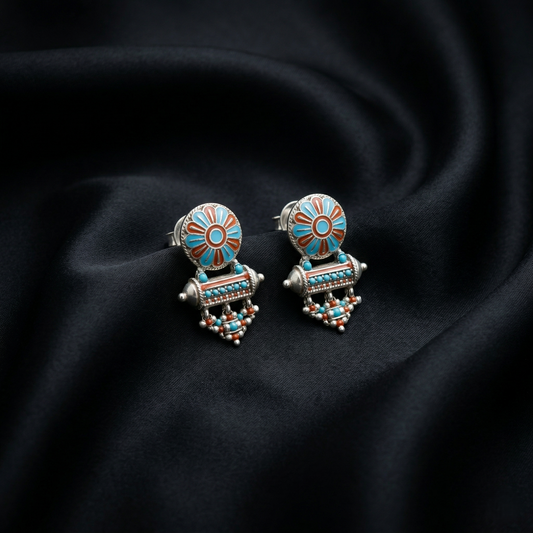 Vibrant Floral Meenakari Silver Artisan Studs