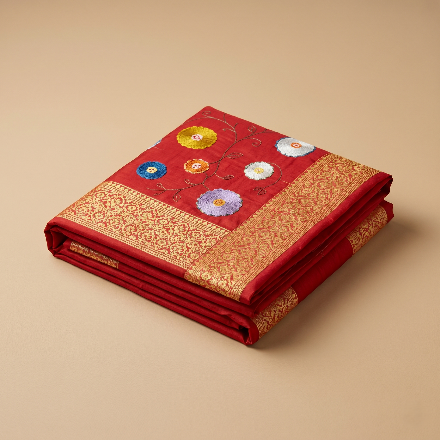 Red Floral Silk Luxury Embroidered Bedcover
