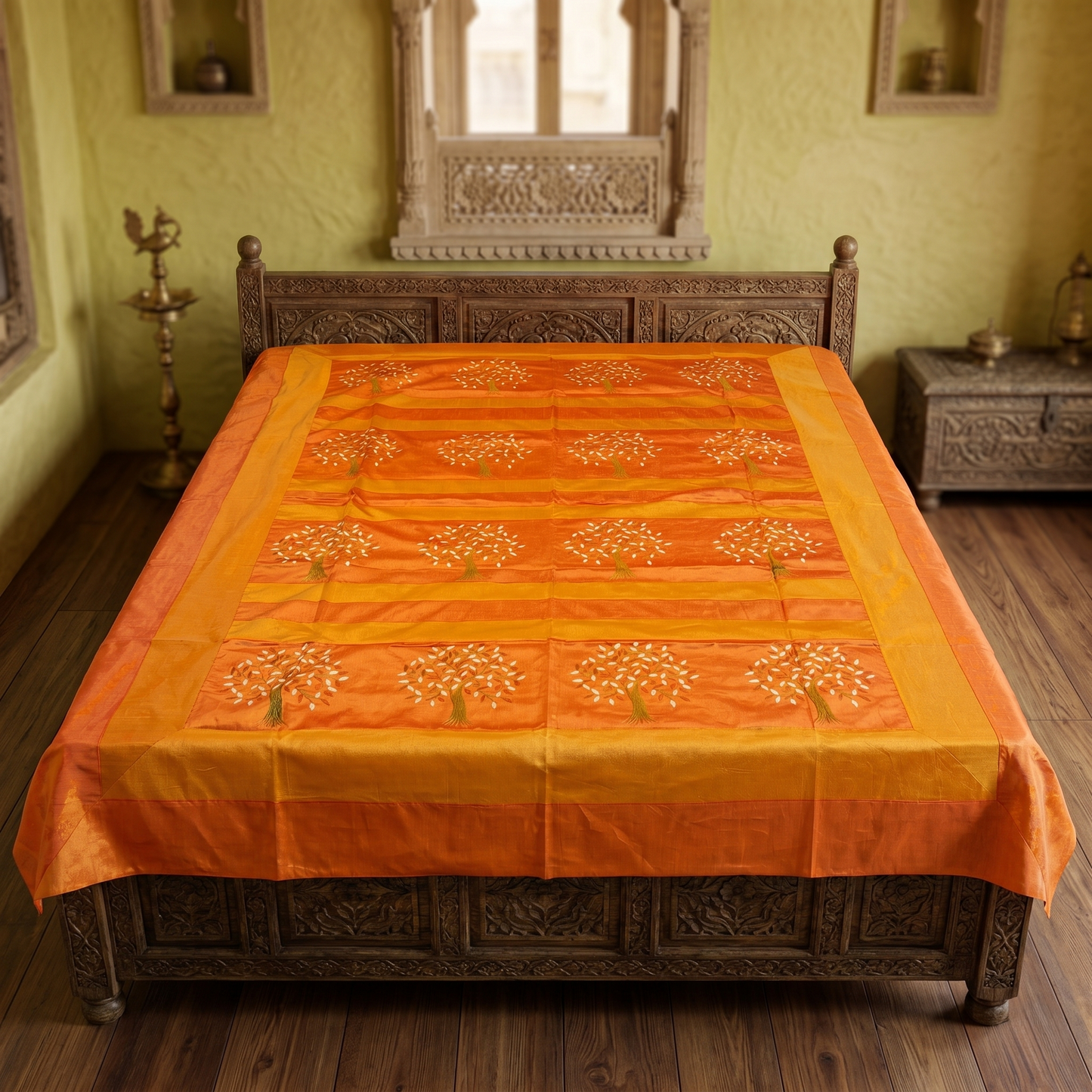 Golden Saffron Tree Luxury Silk Bedcover