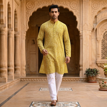 Mustard Leheriya Print Cotton Slim Kurta