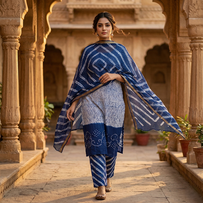 Indigo Bandhani Heritage Unstitched Suit Set