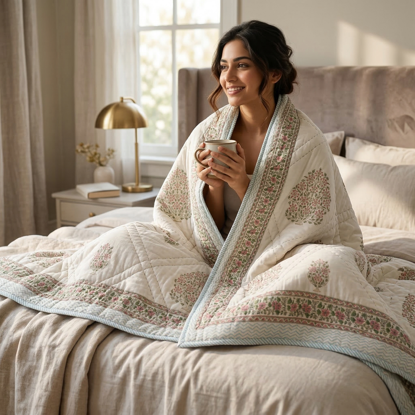 Artisanal Floral Block Print Quilted Coverlet