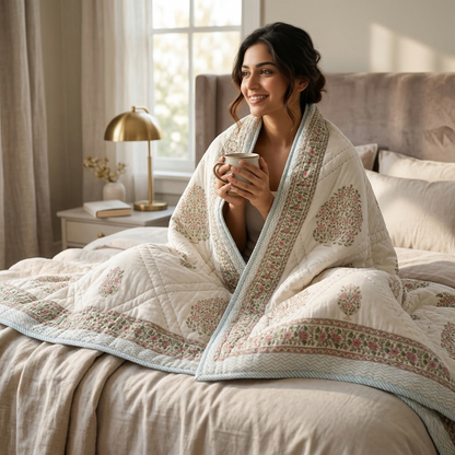 Artisanal Floral Block Print Quilted Coverlet