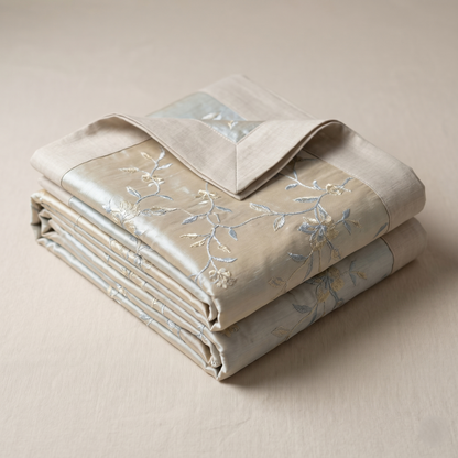Ivory Chanderi Silk Embroidered Luxury Bedcover