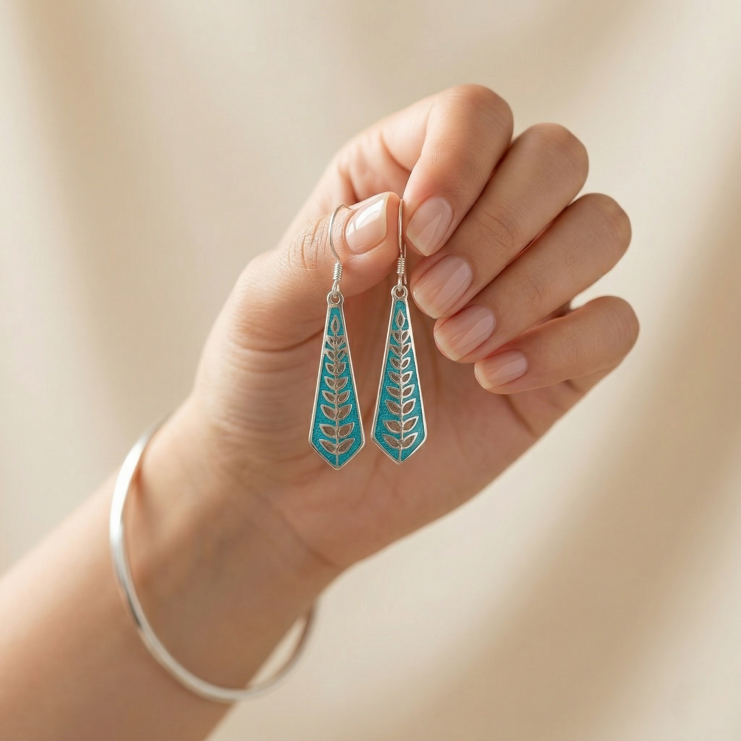 Turquoise Leaf Motif Silver Drop Earrings