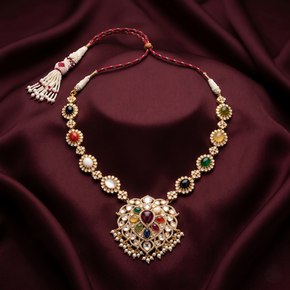 Intricate Multi-Stone Silver Navaratna Statement Necklace