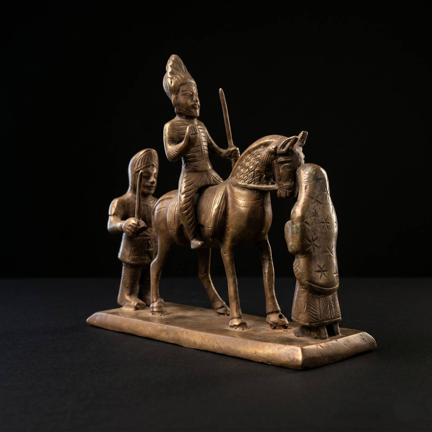 Antique Brass Rajput Warrior Procession Idol