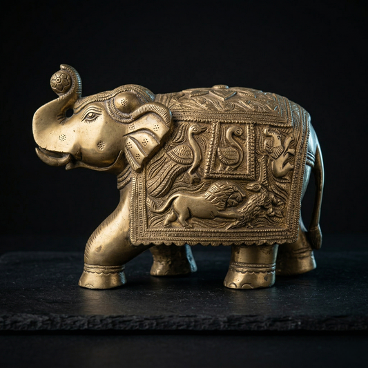 Royal Brass Elephant With Lion Engravings