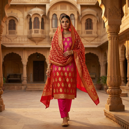 Pink-Red Ombre Banarasi Georgette Suit