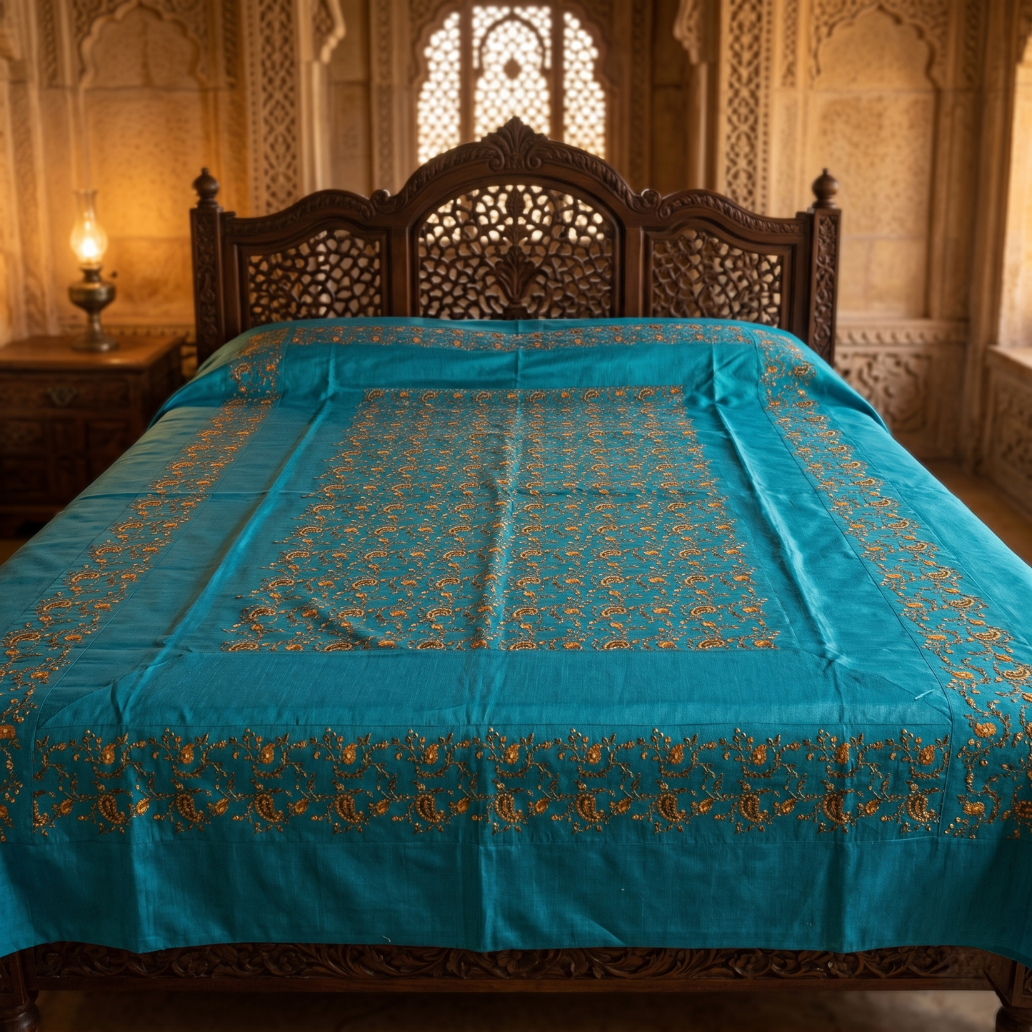 Royal Teal Silk Gold Embroidered Bedcover
