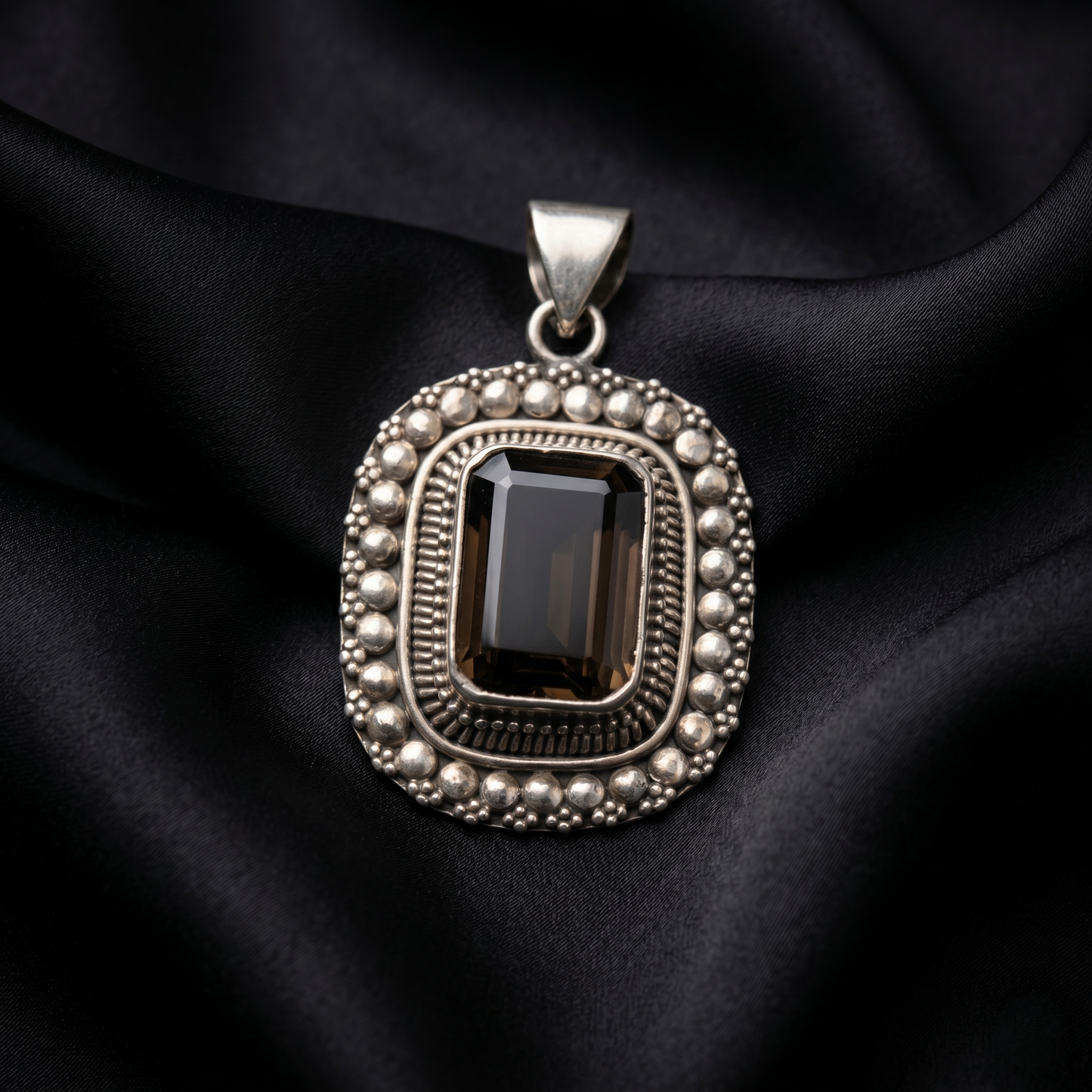Vintage Rectangular Smokey Quartz Silver Pendant