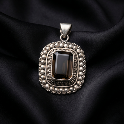 Vintage Rectangular Smokey Quartz Silver Pendant