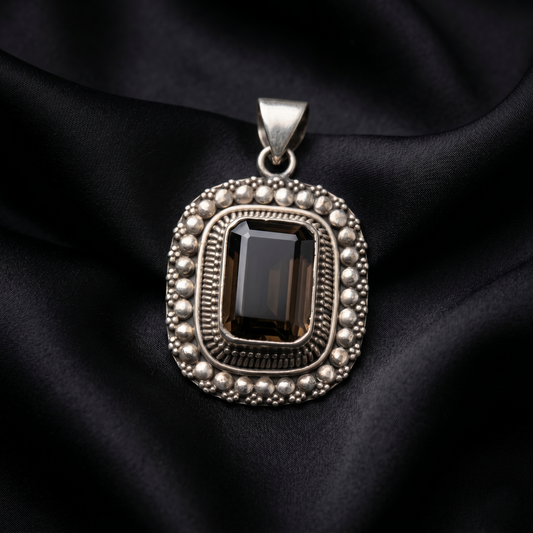 Vintage Rectangular Smokey Quartz Silver Pendant