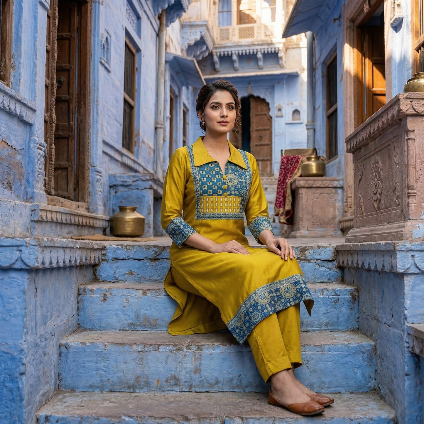 Golden Mustard Kurti with Indigo Accents