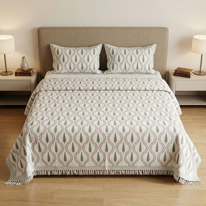 Sage Leaf Hand-Block Khadi Bedcover Set