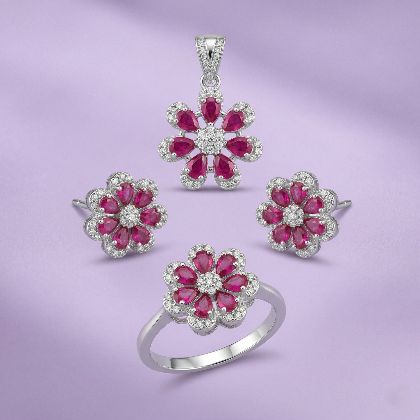 Exquisite Ruby Floral 92.5 Silver Set