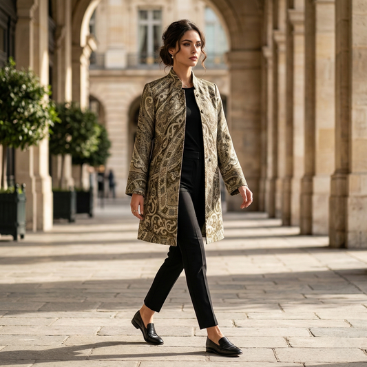Elegant Sage Paisley Mandarin Collar Tunic Long Coat