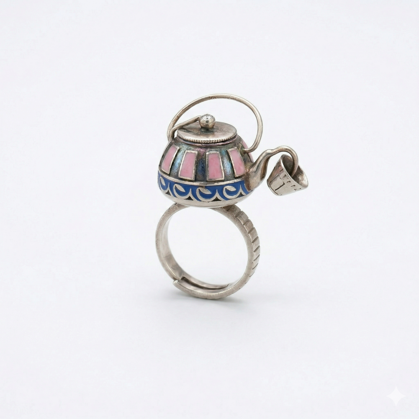 Enchanting Silver Teapot Enamel Charm Ring
