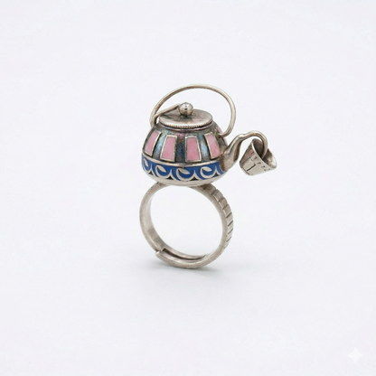 Enchanting Silver Teapot Enamel Charm Ring
