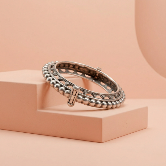 Oxidized Silver Beaded Openable Kada Bracelet