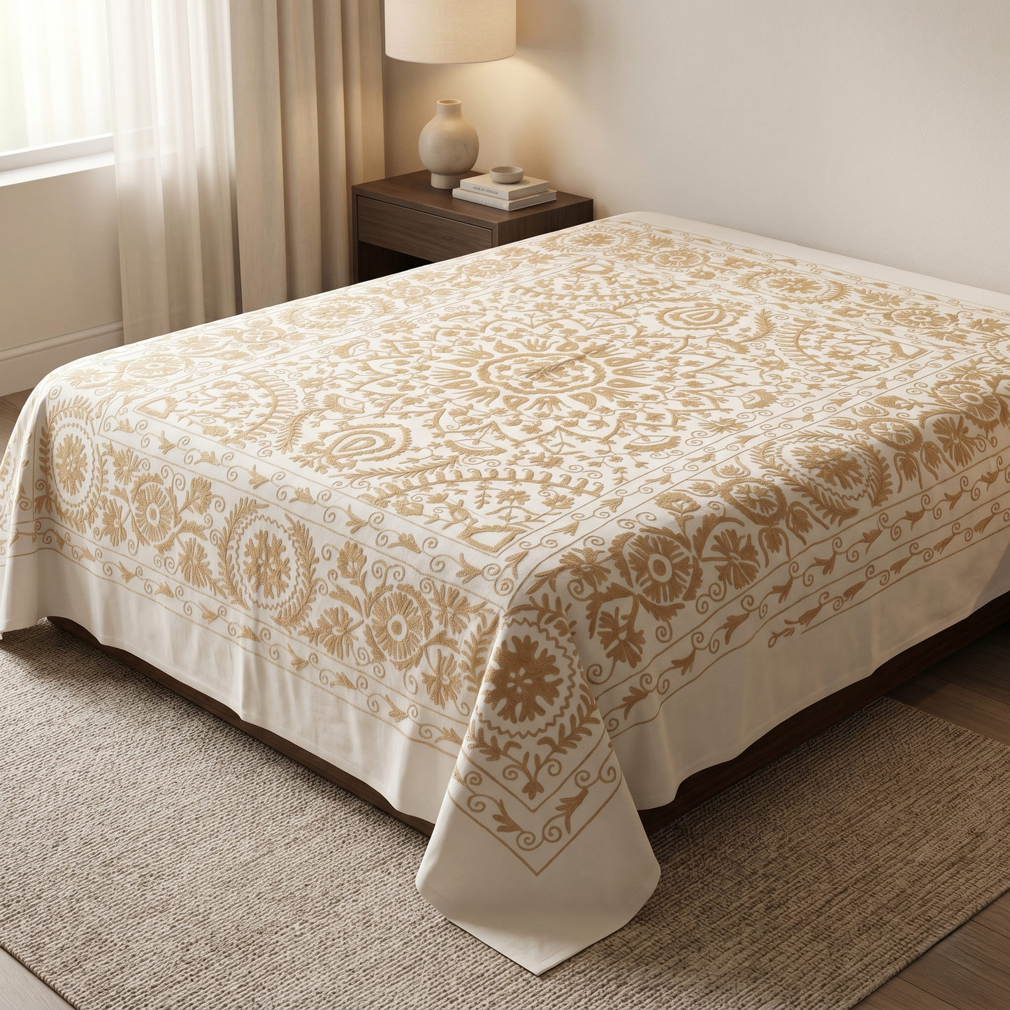 Luxury Ivory Gold Floral Handcrafted Bedcover