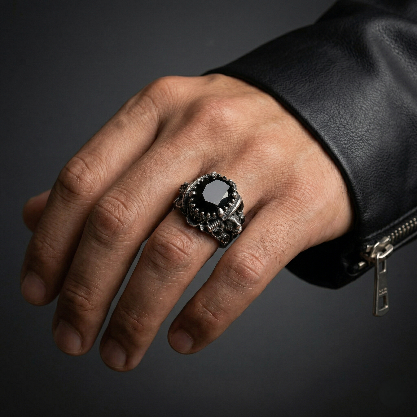 Silver Skull & Dagger Onyx Signet