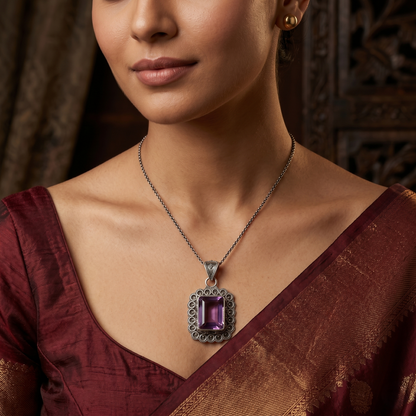 Heritage Amethyst Emerald-Cut Silver Pendant