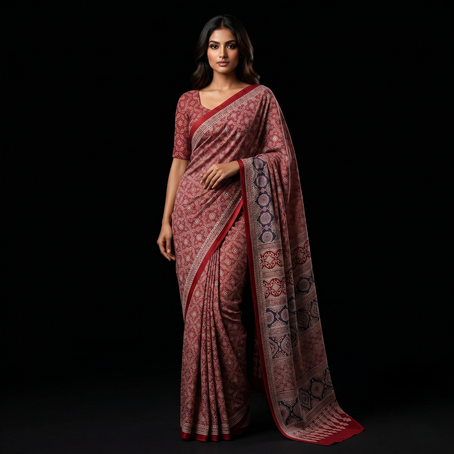 Elegant Ajrakh Print Maroon Cotton Saree