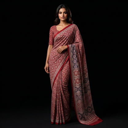 Elegant Ajrakh Print Maroon Cotton Saree