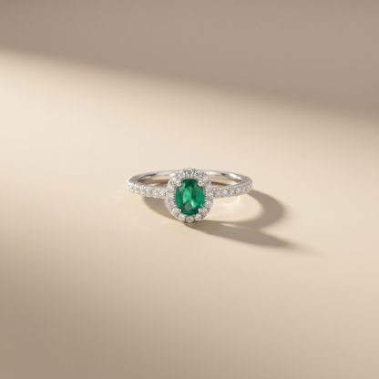Oval Emerald Diamond Halo Gold Ring