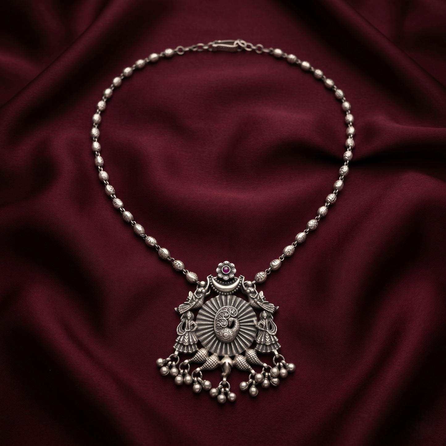 Ornate Oxidized Silver Peacock Statement Necklace