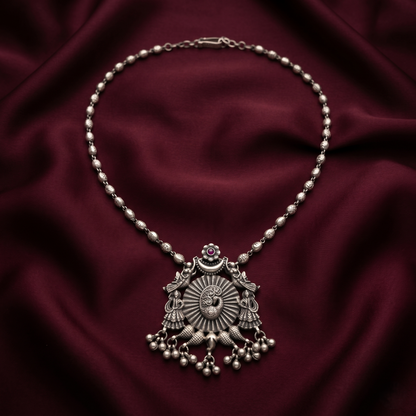 Ornate Oxidized Silver Peacock Statement Necklace